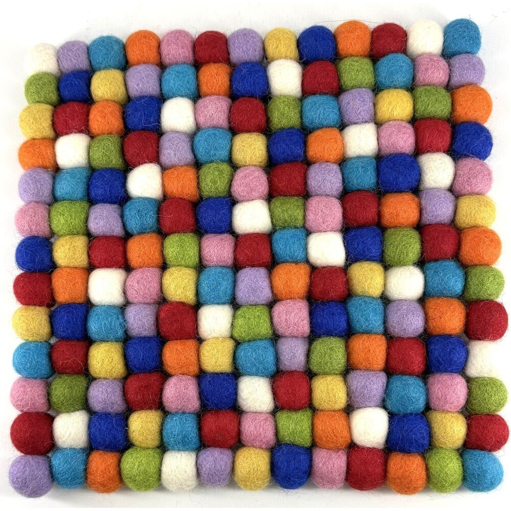 Handmade wool Felt Ball brightly colored square mat, coaster, hot pad - 8.5"